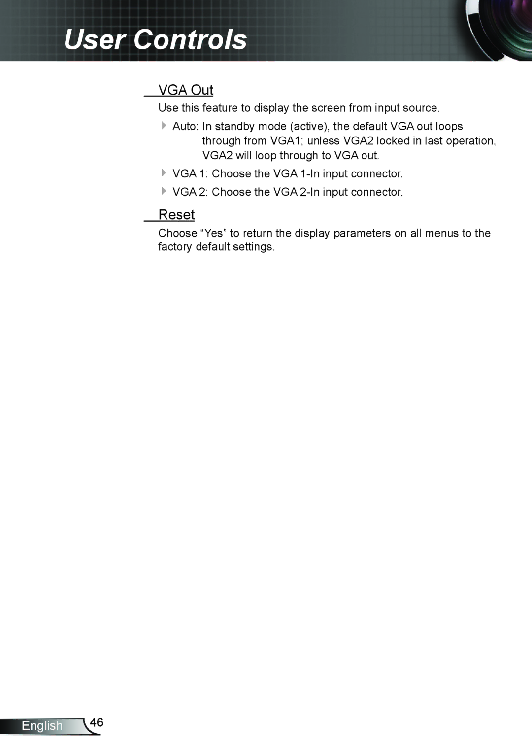 Optoma Technology TH7500NL manual VGA Out, Reset 