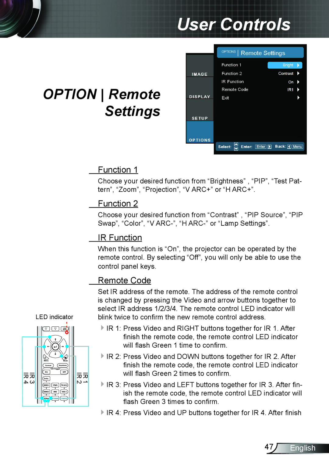 Optoma Technology TH7500NL manual Option Remote Settings, IR Function, Remote Code 