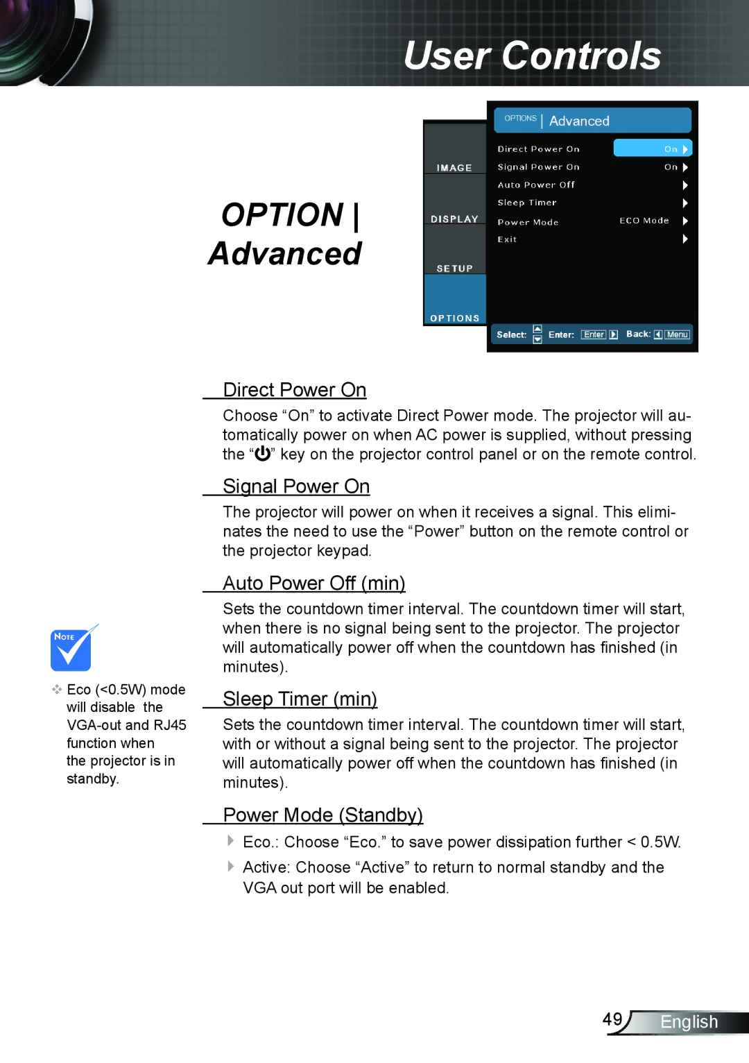 Optoma Technology TH7500NL manual Option Advanced 