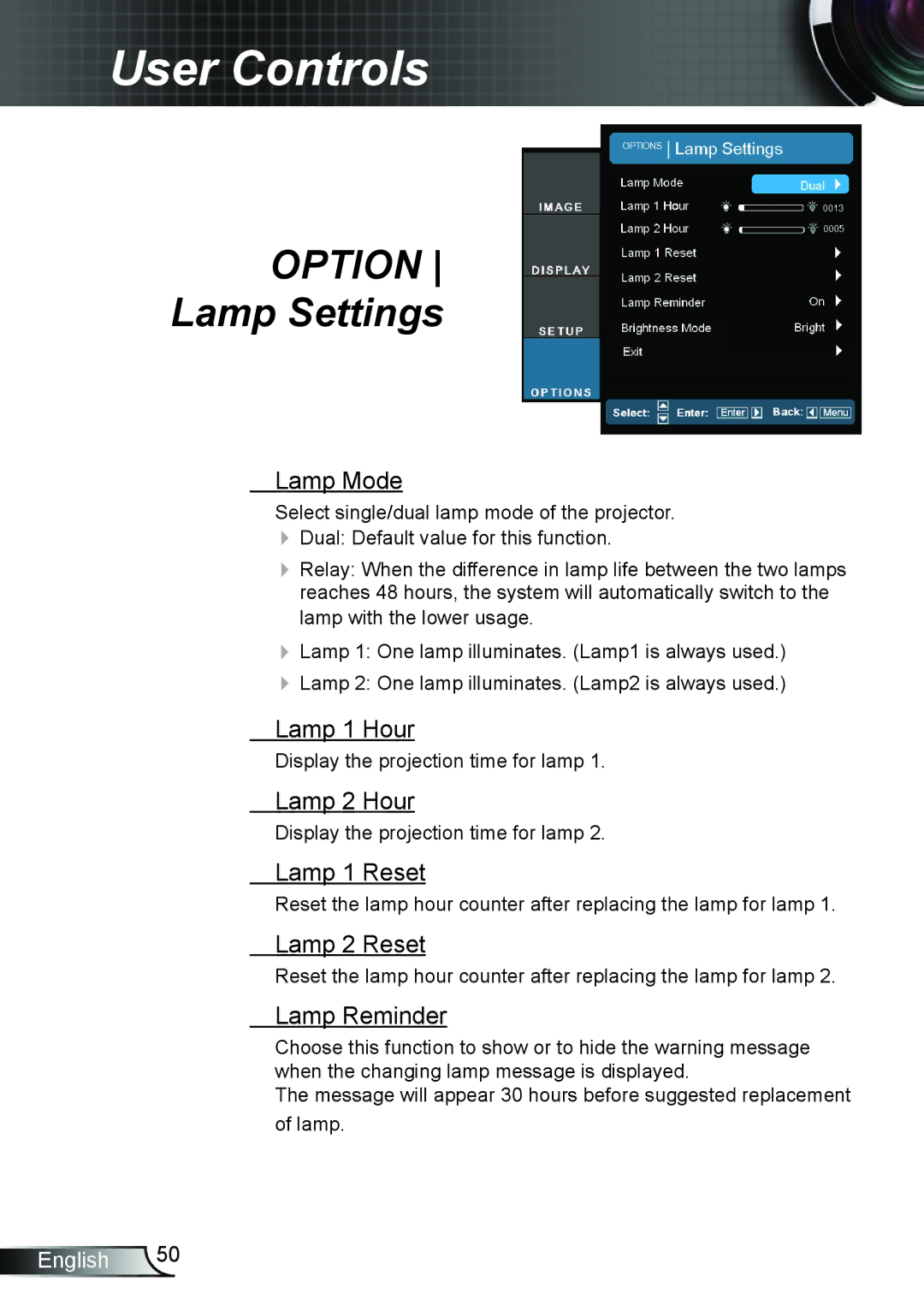 Optoma Technology TH7500NL manual Lamp Settings 