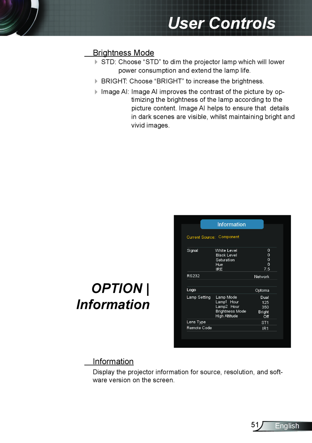 Optoma Technology TH7500NL manual Information, Brightness Mode 