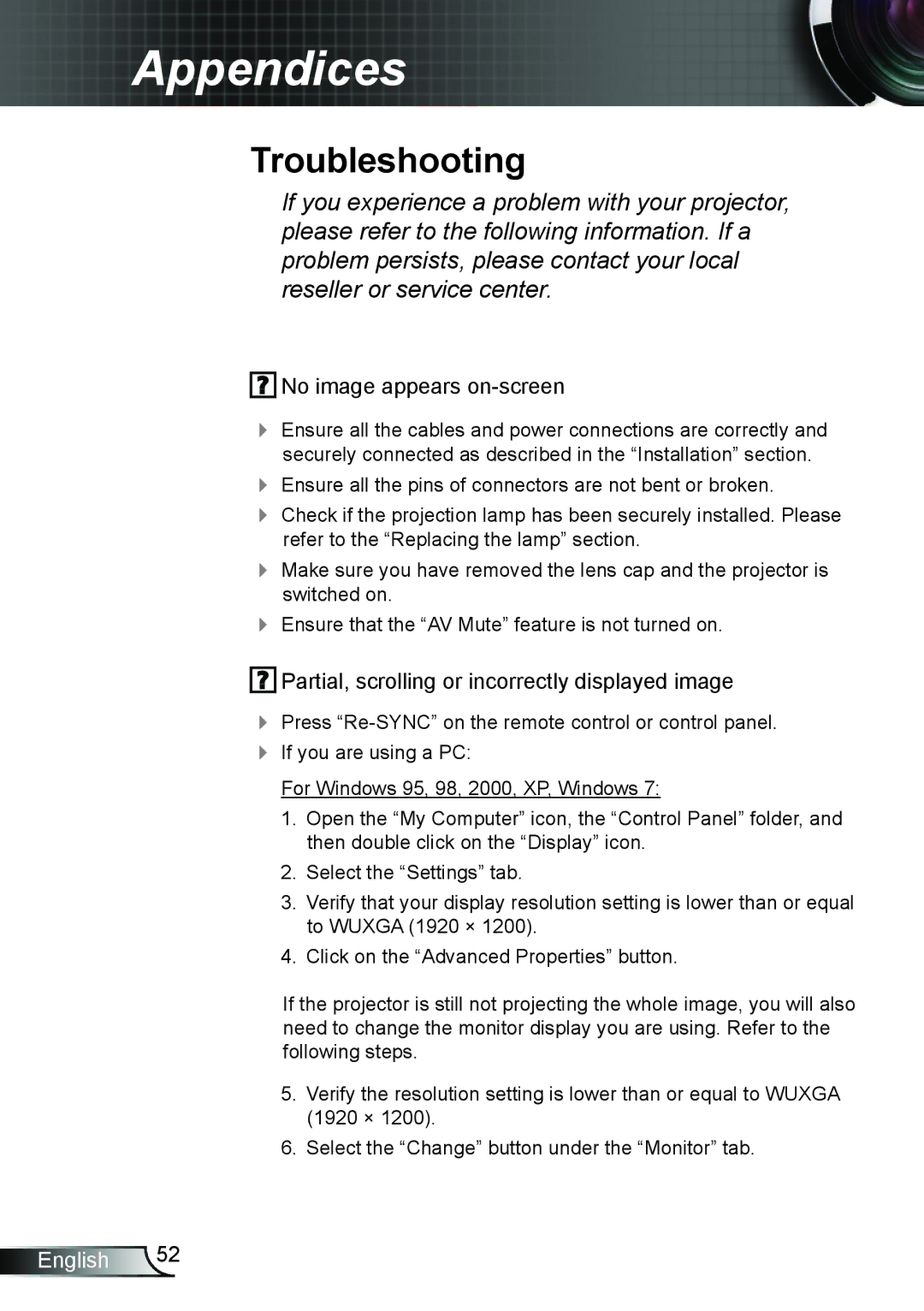 Optoma Technology TH7500NL manual Appendices, Troubleshooting 