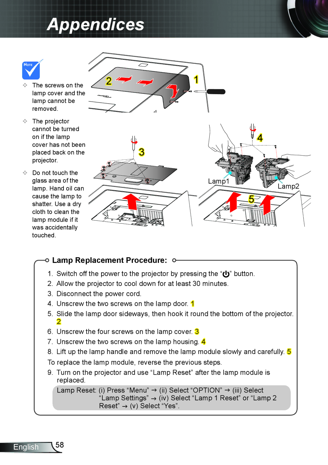 Optoma Technology TH7500NL manual Lamp Replacement Procedure 