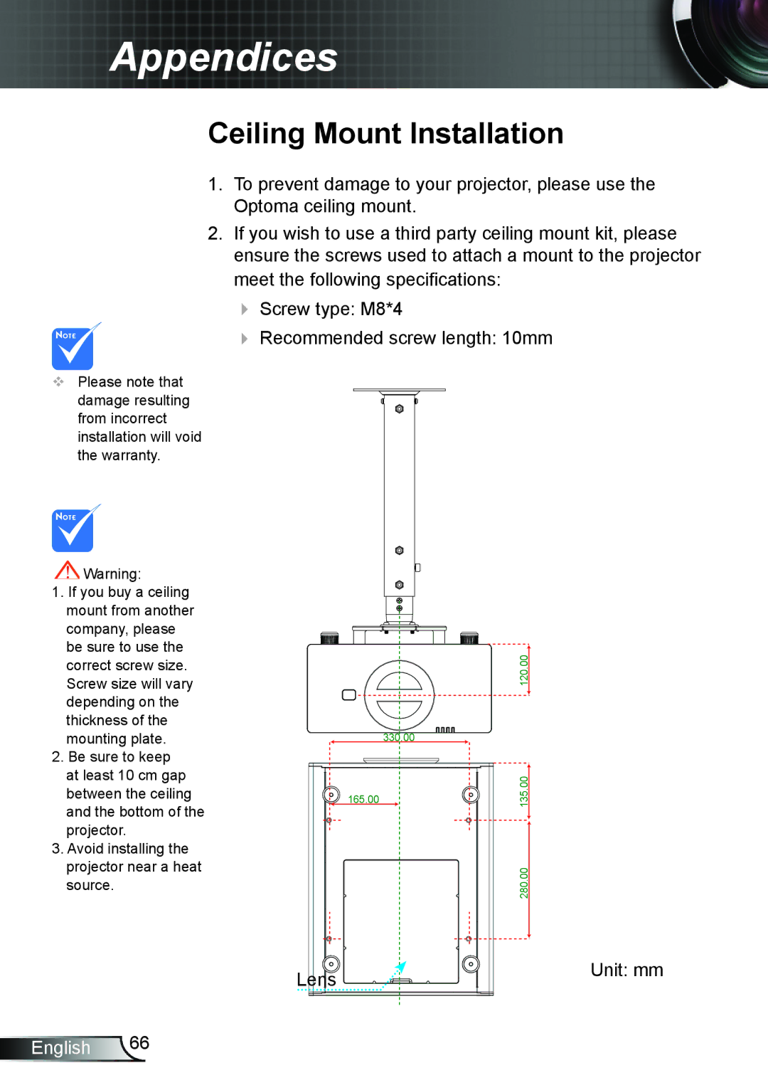 Optoma Technology TH7500NL manual Ceiling Mount Installation 