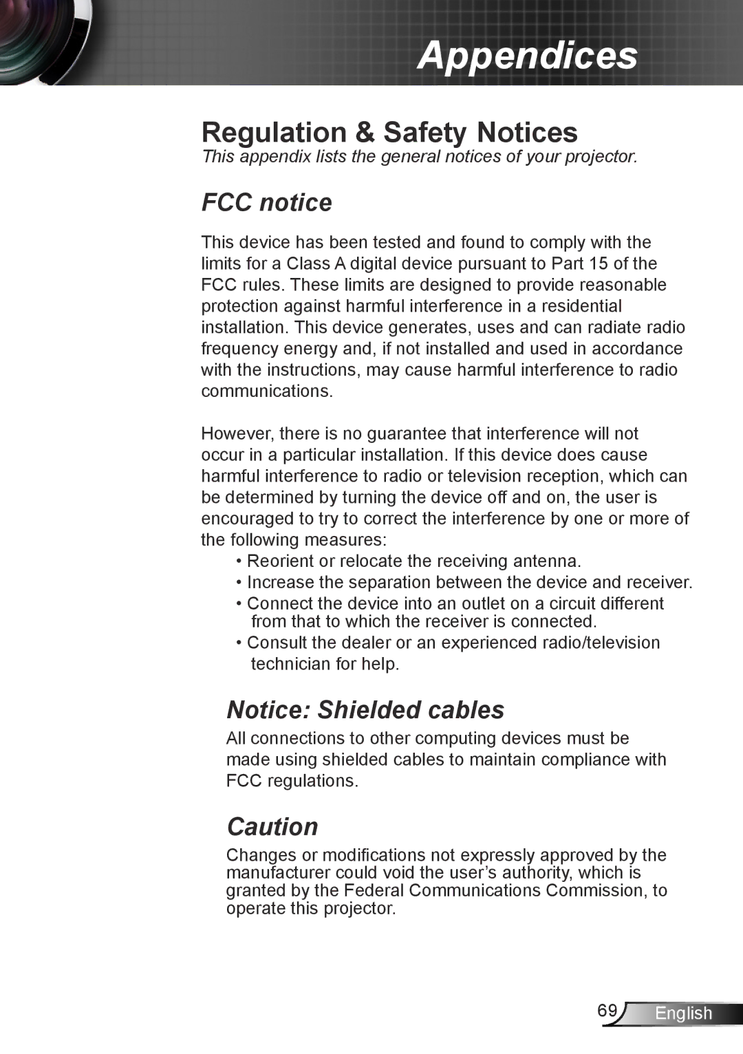 Optoma Technology TH7500NL manual Regulation & Safety Notices, FCC notice 