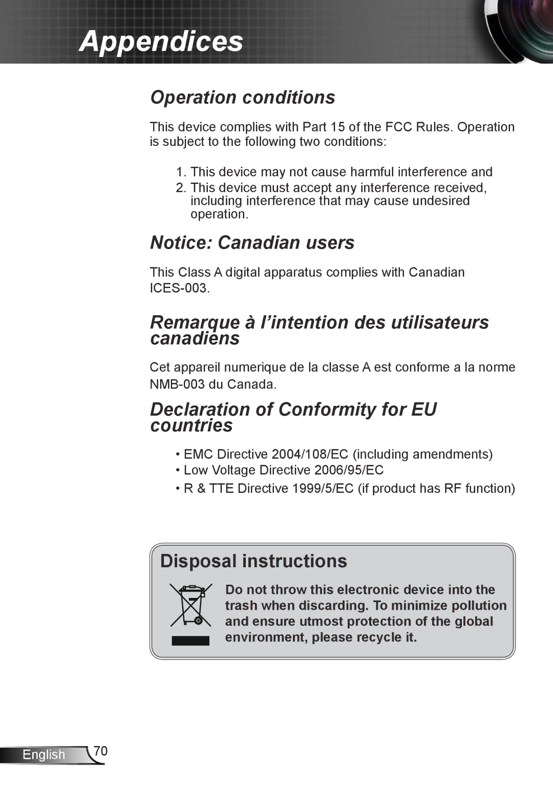 Optoma Technology TH7500NL manual Remarque à l’intention des utilisateurs canadiens 