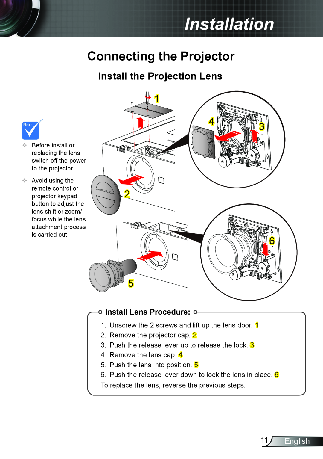 Optoma Technology TH7500NL Installation, Connecting the Projector, Install the Projection Lens, Install Lens Procedure 