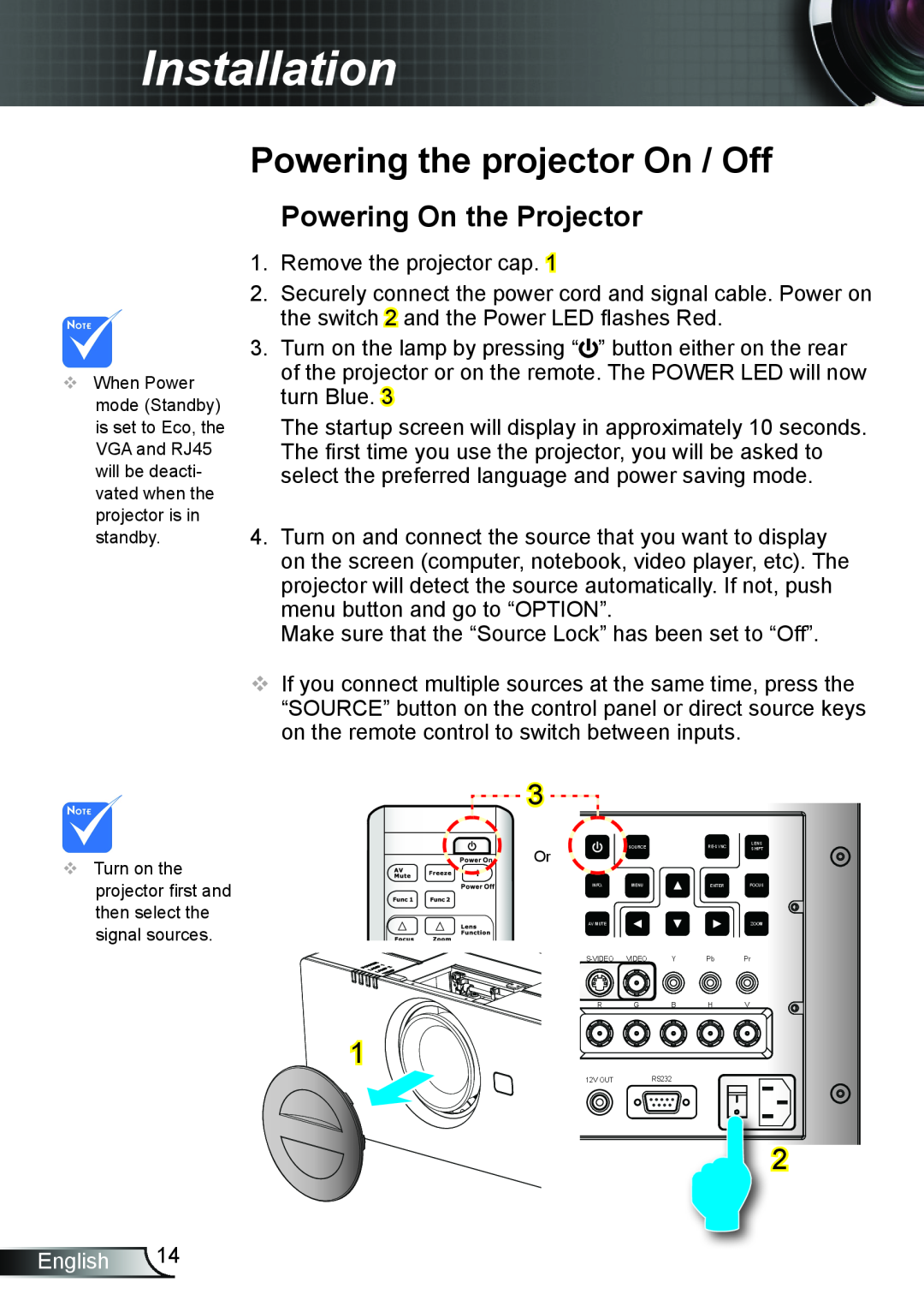 Optoma Technology TH7500NL manual Powering the projector On / Off, Powering On the Projector, Installation, English 