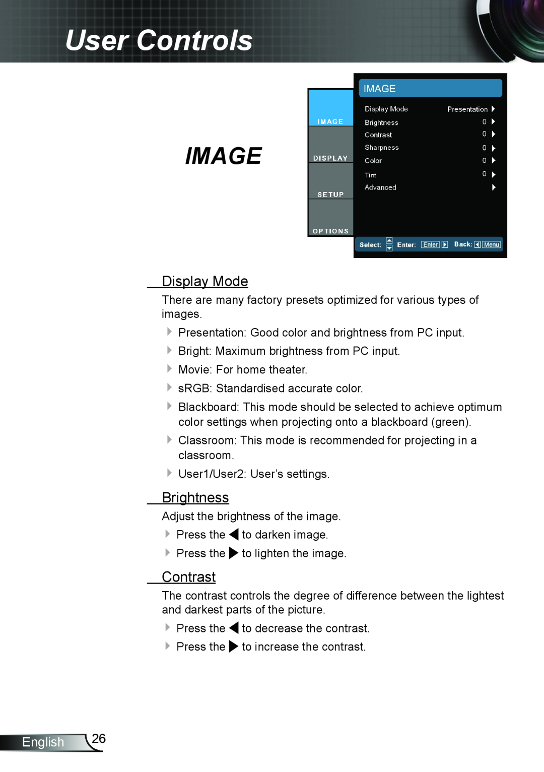 Optoma Technology TH7500NL manual Image, Display Mode, Brightness, Contrast, User Controls, English 