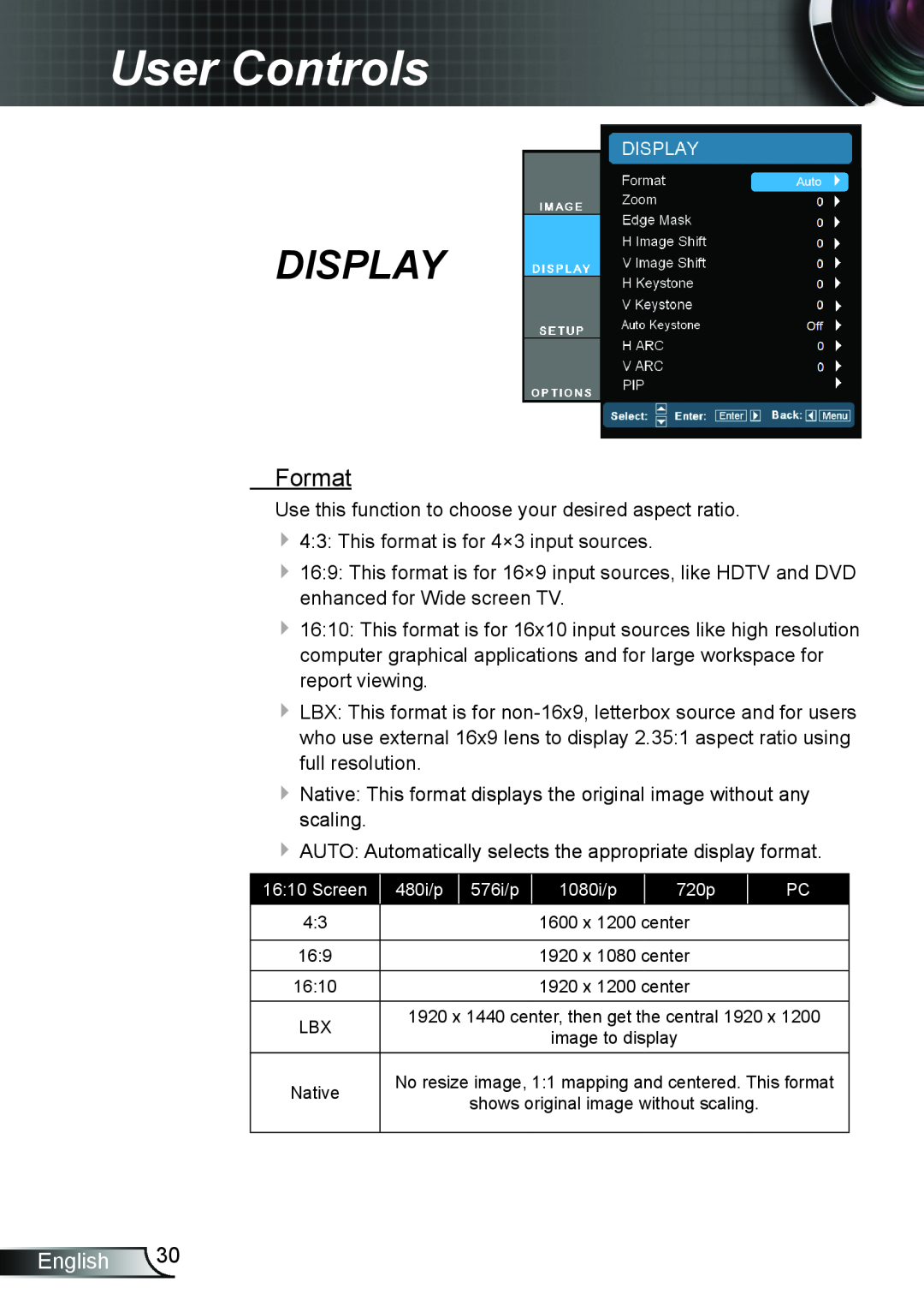 Optoma Technology TH7500NL manual Display, Format, User Controls, English 