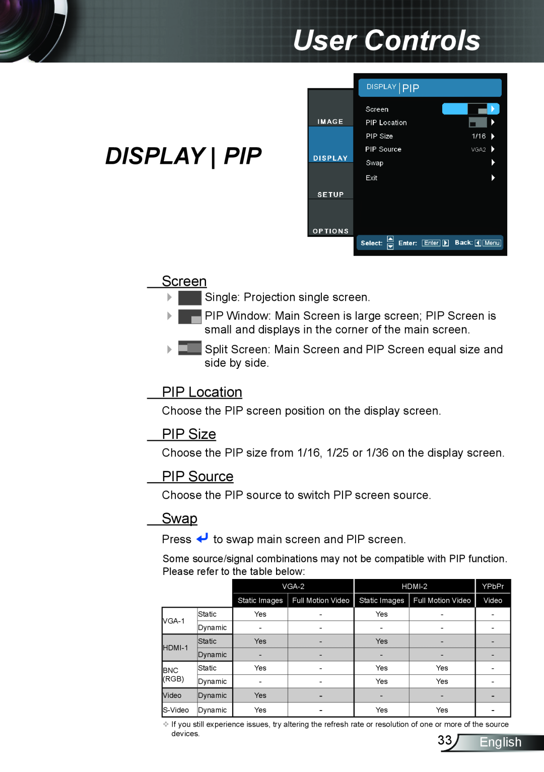 Optoma Technology TH7500NL manual Display Pip, Screen, PIP Location, PIP Size, PIP Source, Swap, User Controls, English 