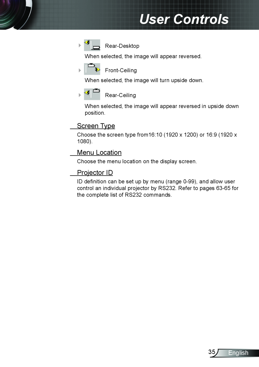 Optoma Technology TH7500NL manual Screen Type, Menu Location, Projector ID, English, User Controls 