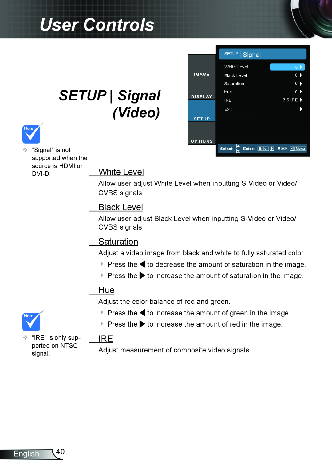 Optoma Technology TH7500NL manual SETUP Signal Video, White Level, Black Level, Saturation, User Controls, English 