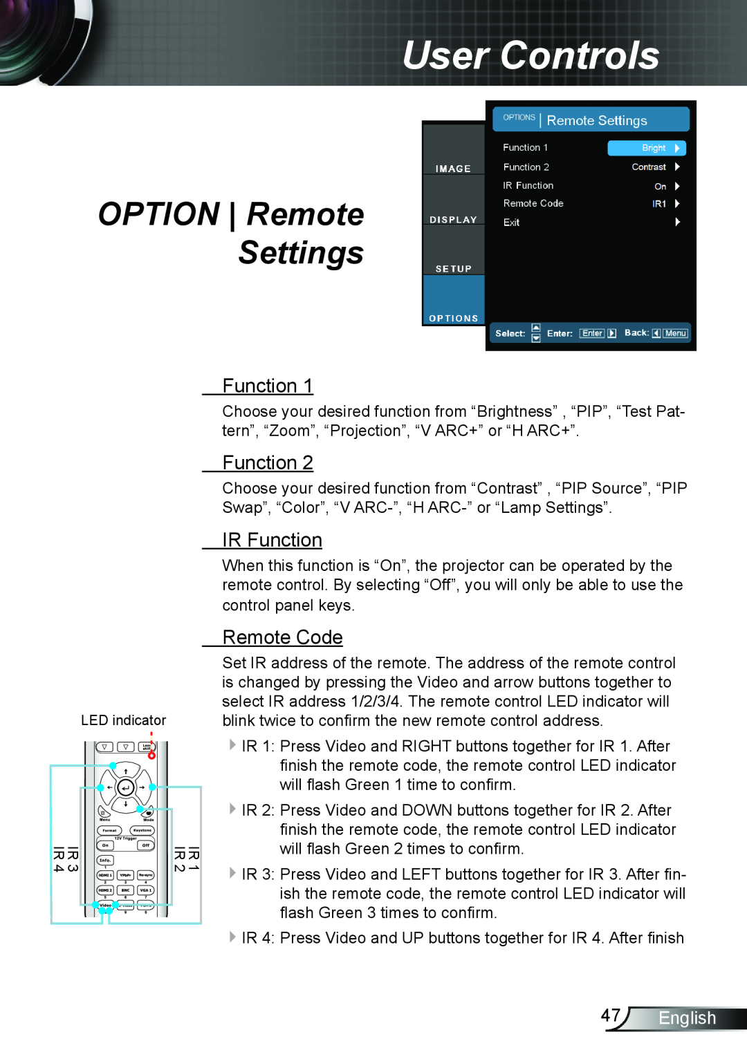 Optoma Technology TH7500NL manual OPTION Remote Settings, IR Function, Remote Code, English, User Controls 