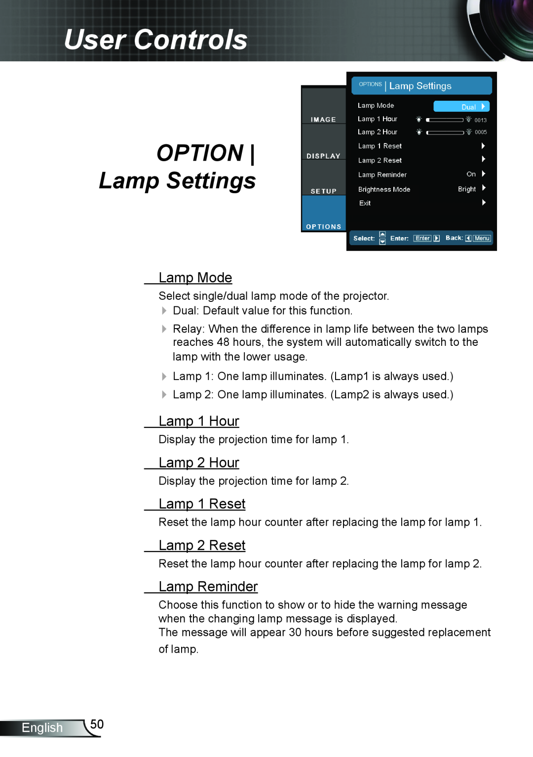 Optoma Technology TH7500NL OPTION Lamp Settings, Lamp Mode, Lamp 1 Hour, Lamp 2 Hour, Lamp 1 Reset, Lamp 2 Reset, English 
