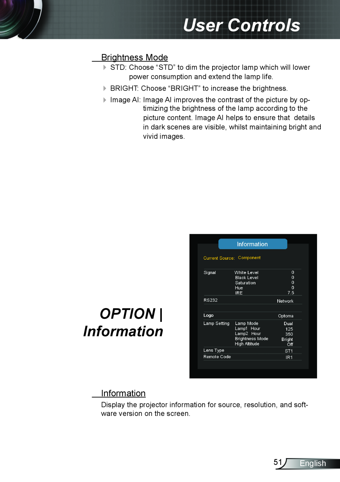 Optoma Technology TH7500NL manual OPTION Information, Brightness Mode, English, User Controls 
