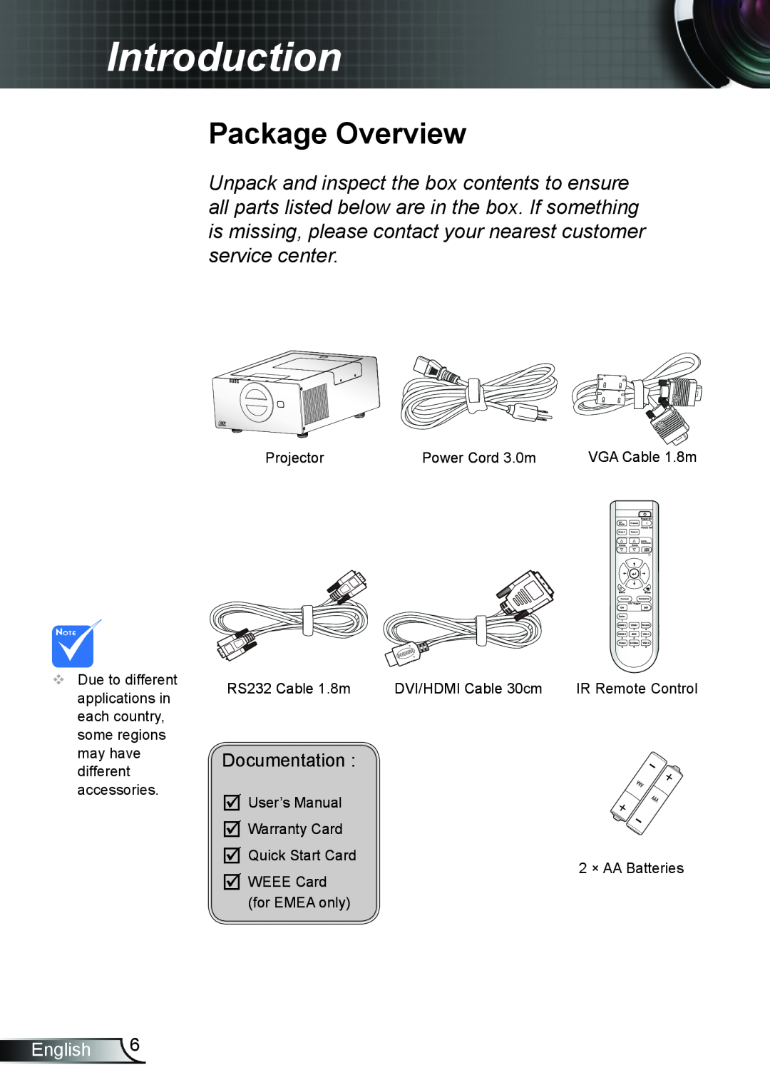Optoma Technology TH7500NL manual Introduction, Package Overview, English 