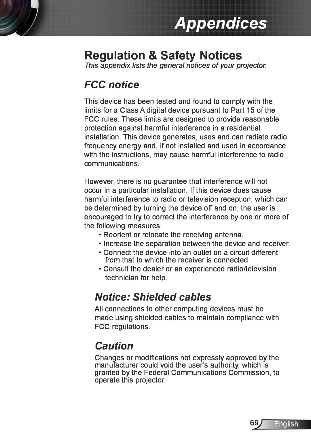 Optoma Technology TH7500NL manual Regulation & Safety Notices, FCC notice, Notice Shielded cables, English, Appendices 