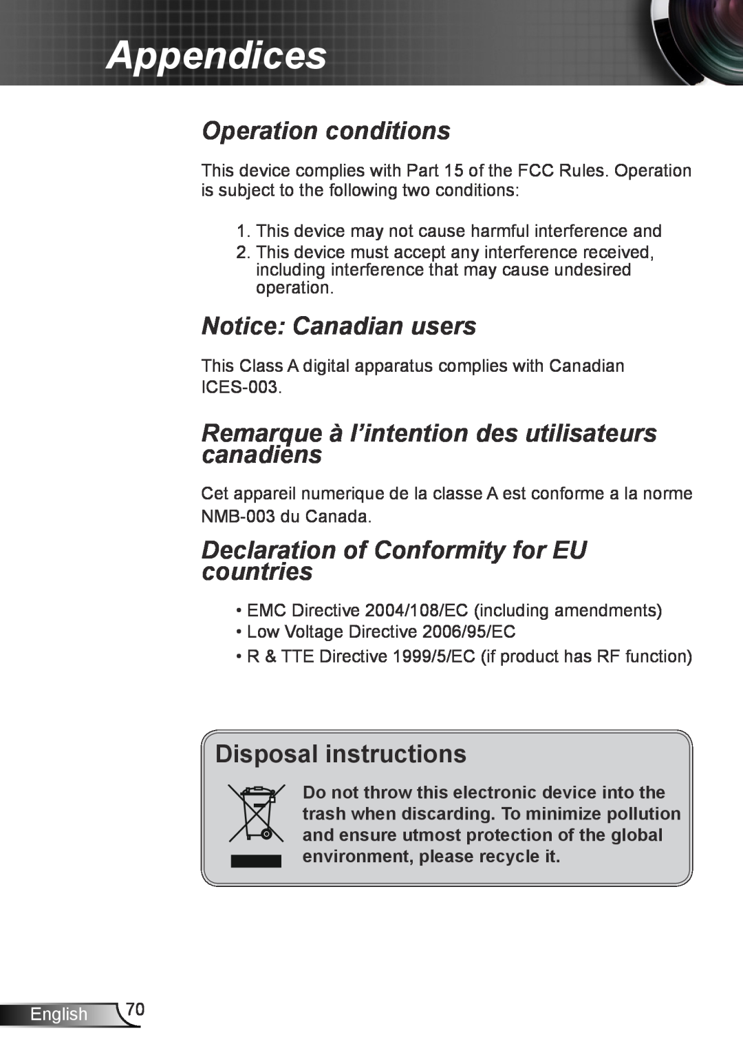 Optoma Technology TH7500NL Operation conditions, Notice Canadian users, Remarque à l’intention des utilisateurs canadiens 