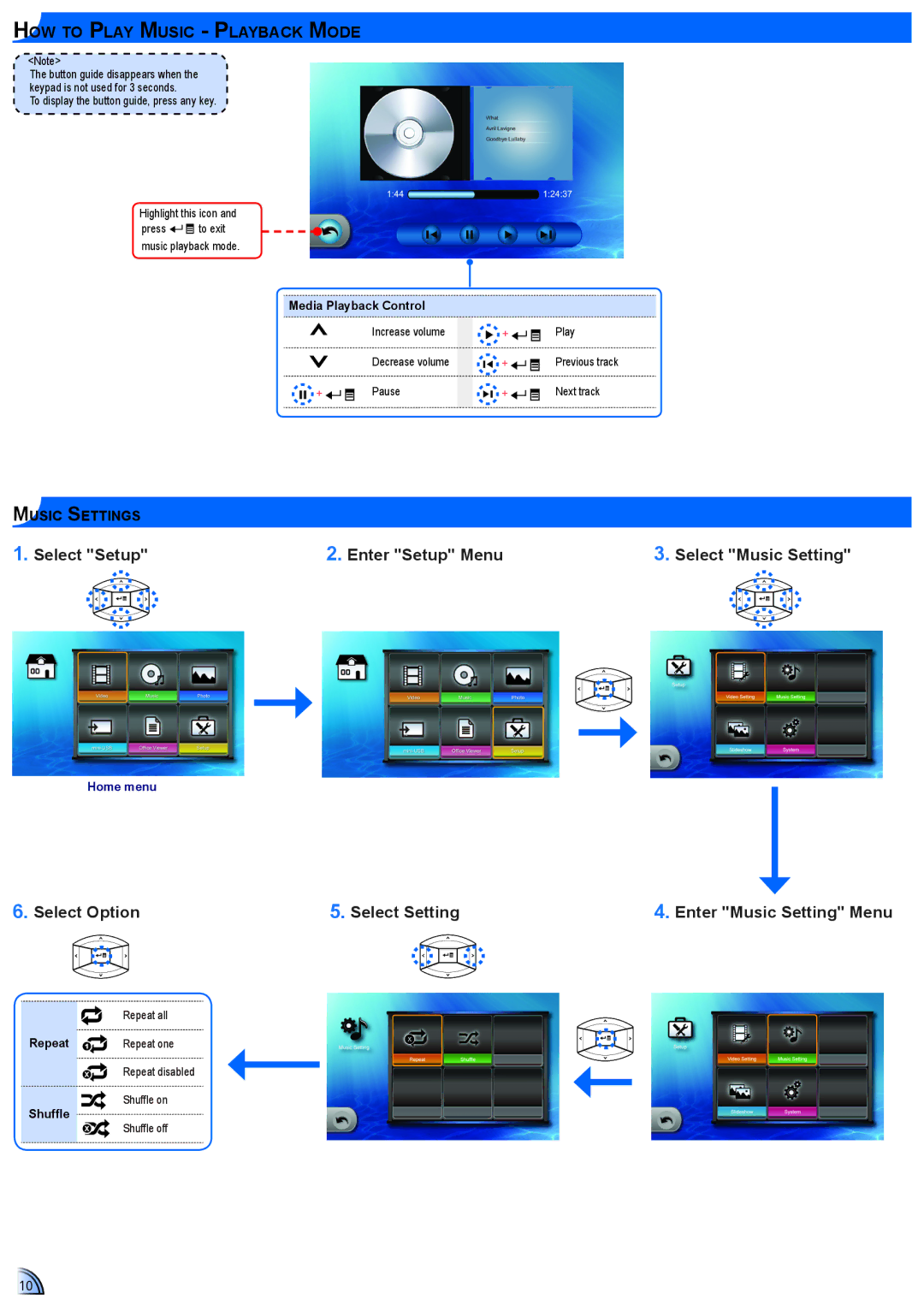 Optoma Technology TL50WGOV, ML500 Select Option Select Setting, How to Play Music Playback Mode, Select Music Setting 