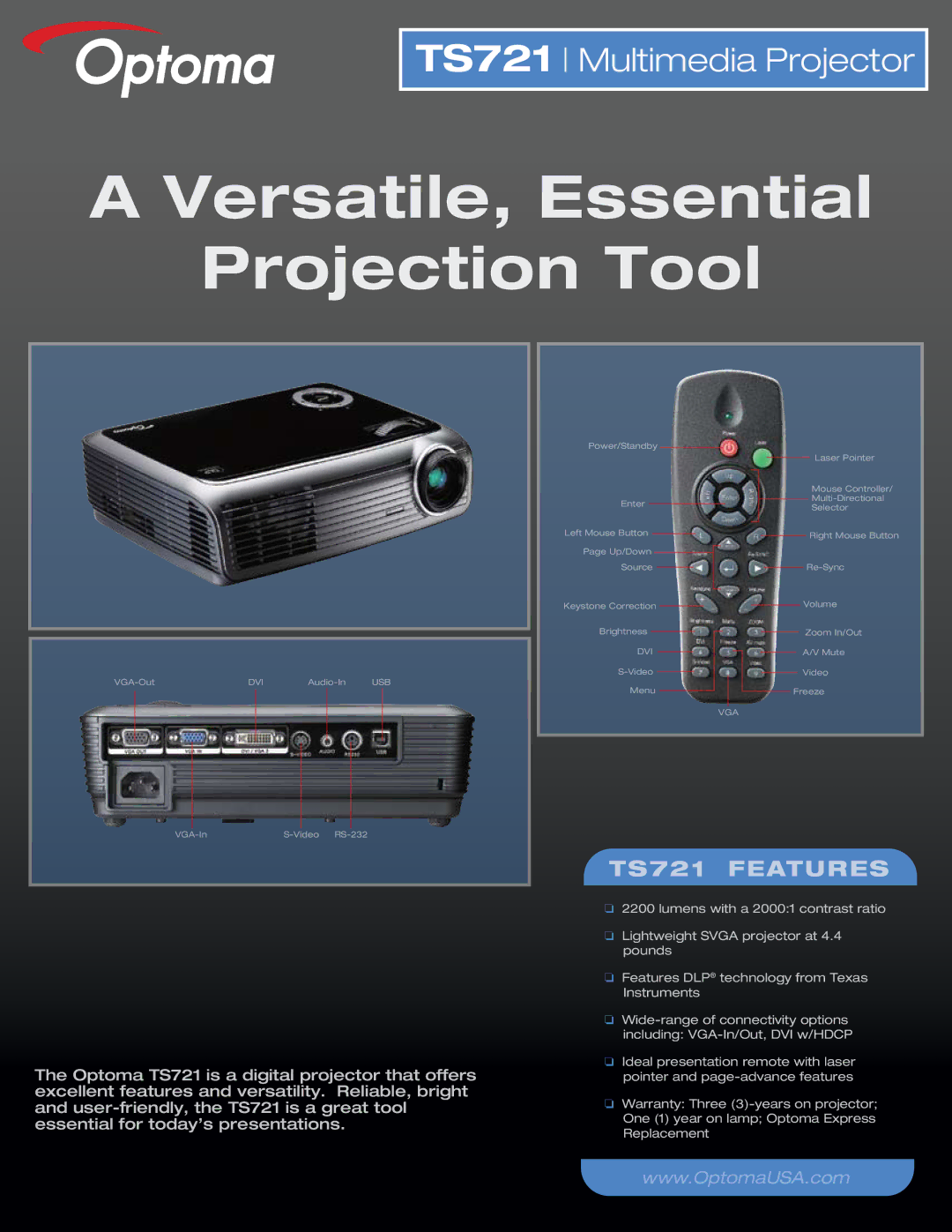 Optoma Technology warranty Versatile, Essential Projection Tool, TS721 Features 