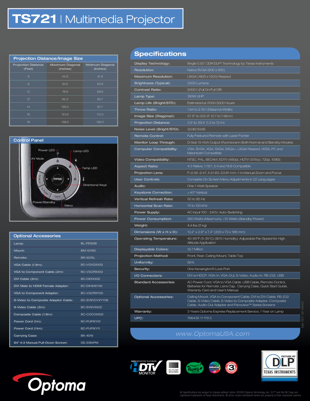 Optoma Technology TS721 warranty Specifications, Projection Distance/Image Size, Control Panel, Optional Accessories, Upc 