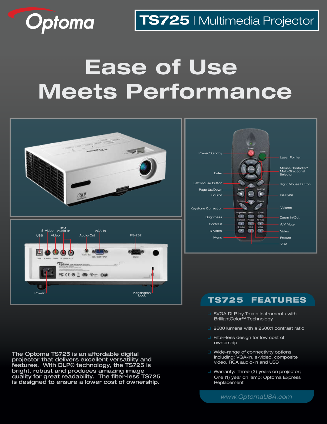 Optoma Technology warranty TS725 Multimedia Projector, Ease of Use Meets Performance, TS725 FEATURES 