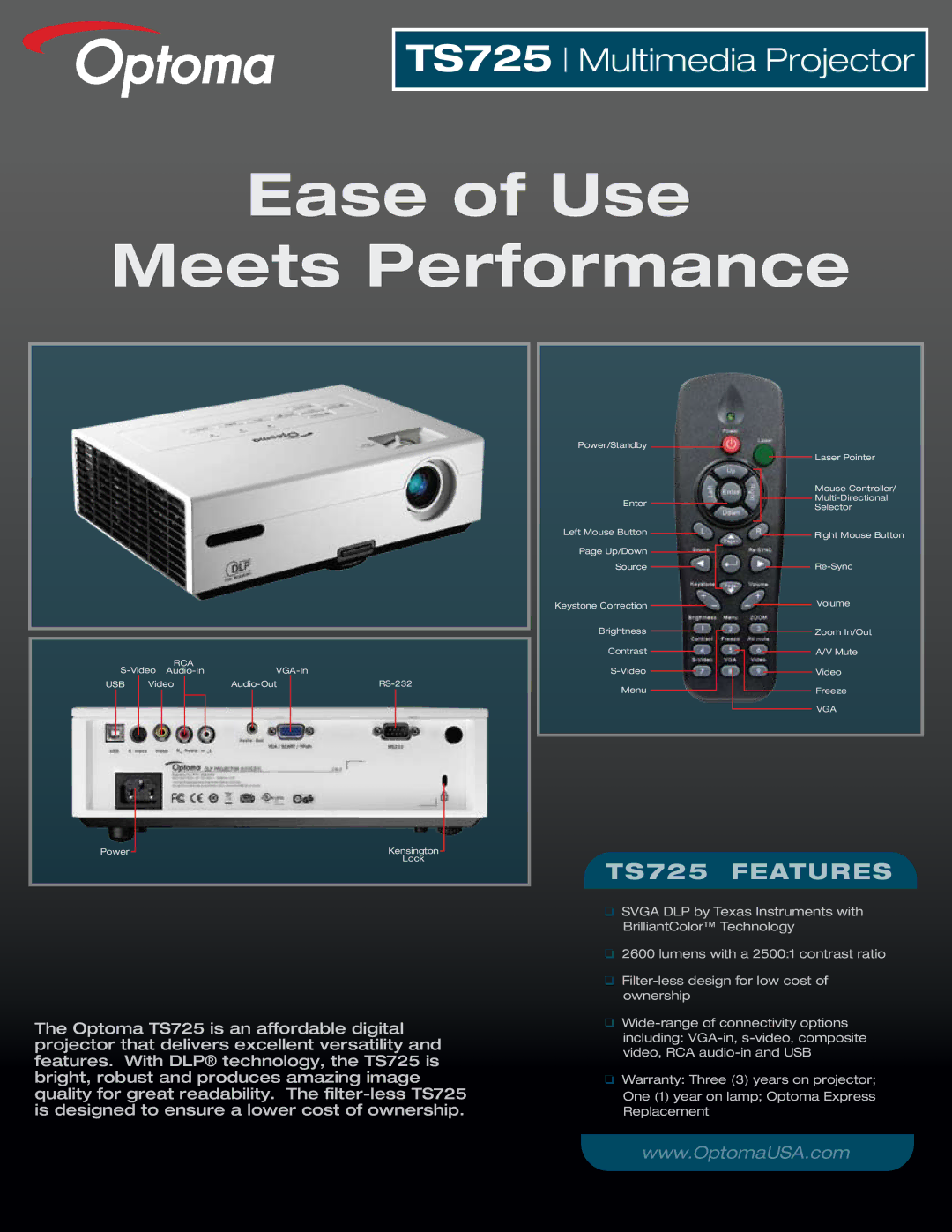 Optoma Technology warranty Ease of Use Meets Performance, TS725 Features, Rca, Usb, Vga 