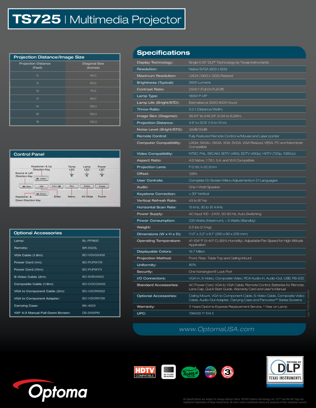 Optoma Technology TS725 warranty Specifications, Projection Distance/Image Size, Control Panel, Optional Accessories, Upc 