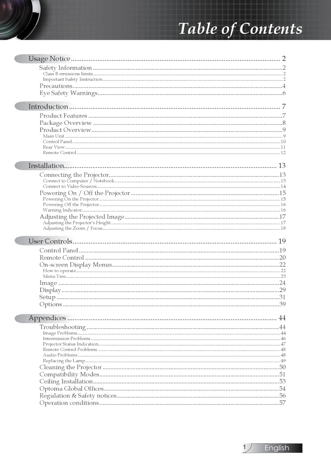 Optoma Technology TW1692 manual Table of Contents 