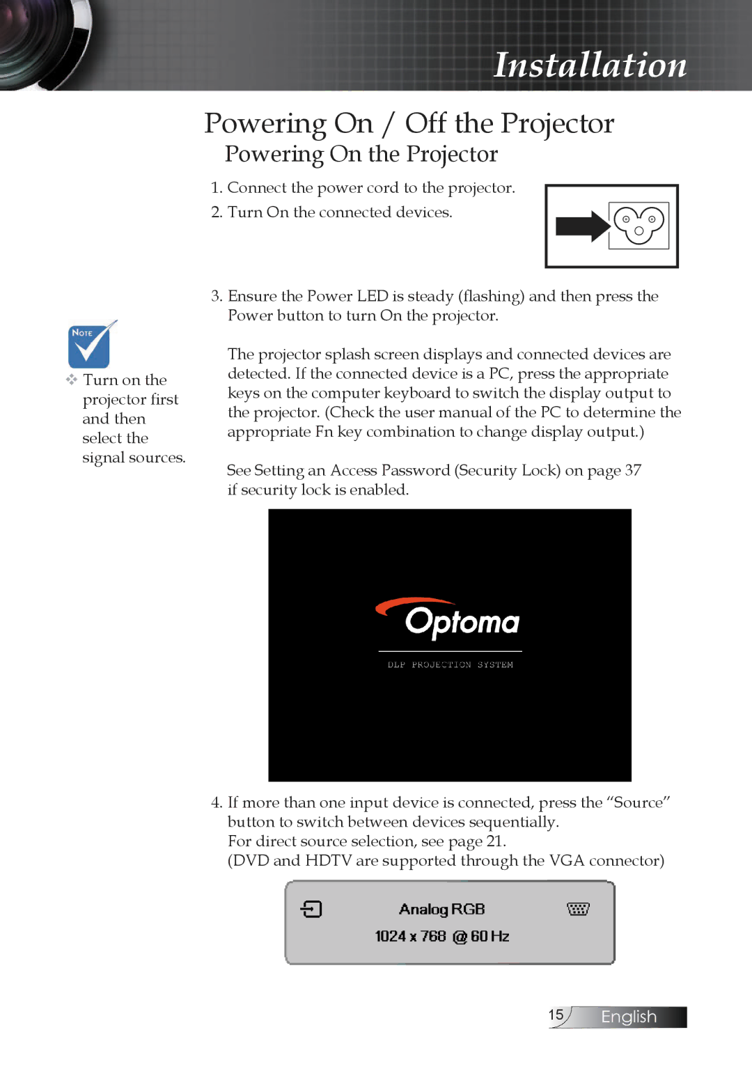 Optoma Technology TW1692 manual Powering On / Off the Projector, Powering On the Projector 