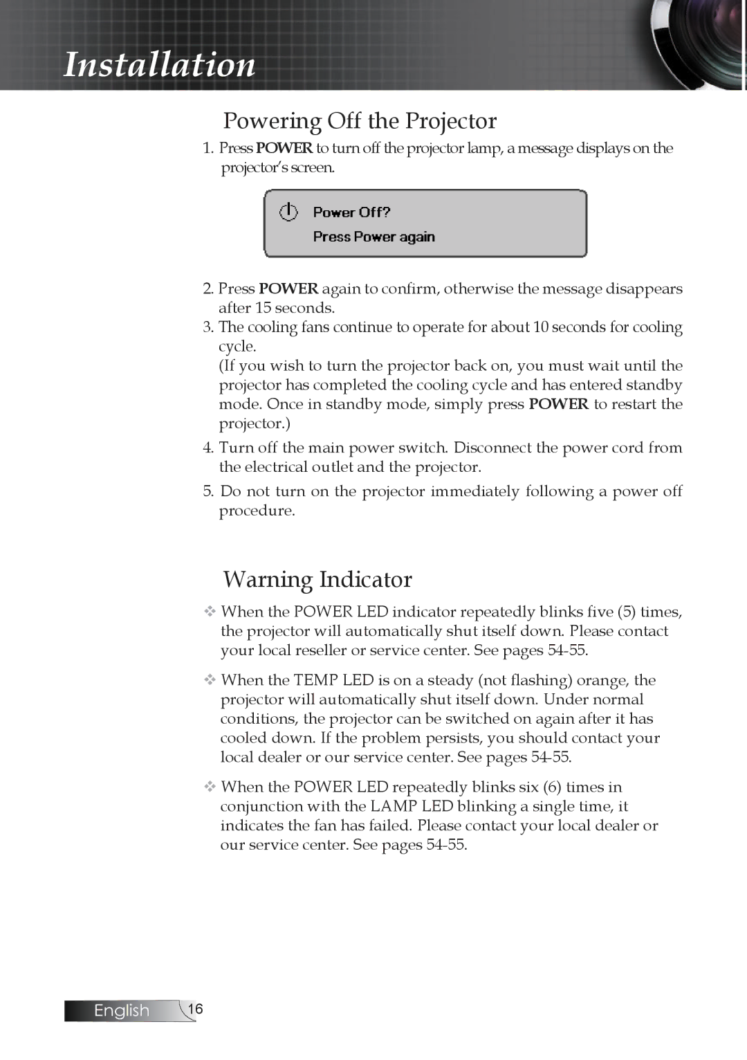 Optoma Technology TW1692 manual Powering Off the Projector 