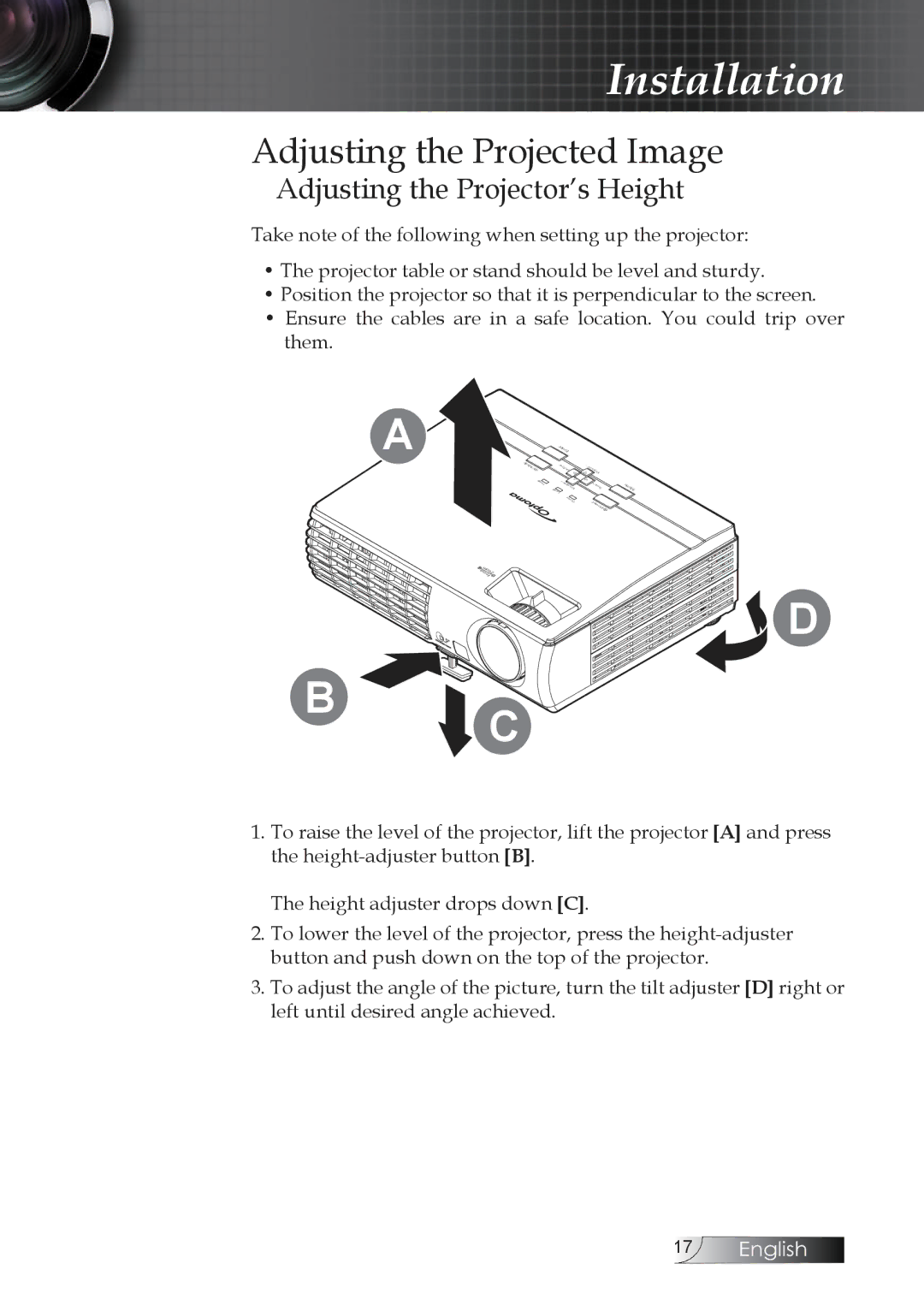 Optoma Technology TW1692 manual Adjusting the Projected Image, Adjusting the Projector’s Height 