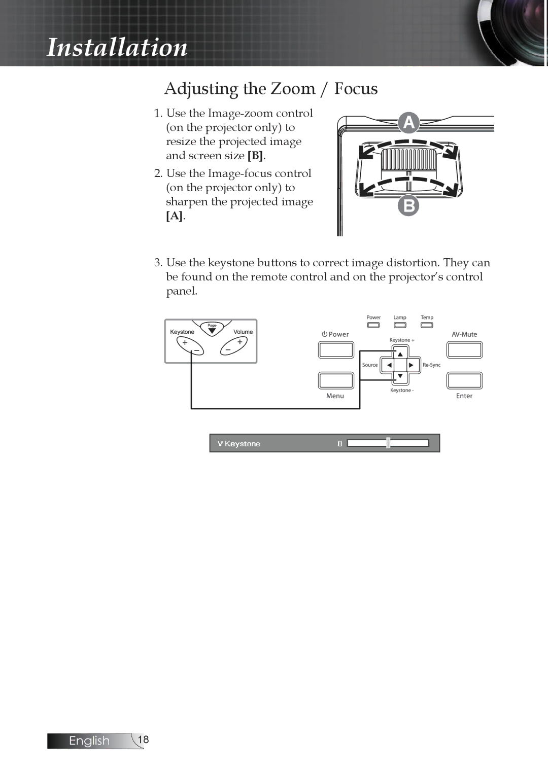 Optoma Technology TW1692 manual Adjusting the Zoom / Focus 