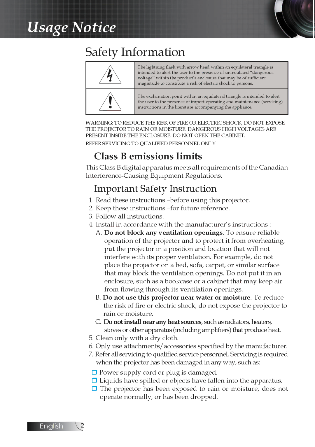 Optoma Technology TW1692 manual Safety Information, Important Safety Instruction 