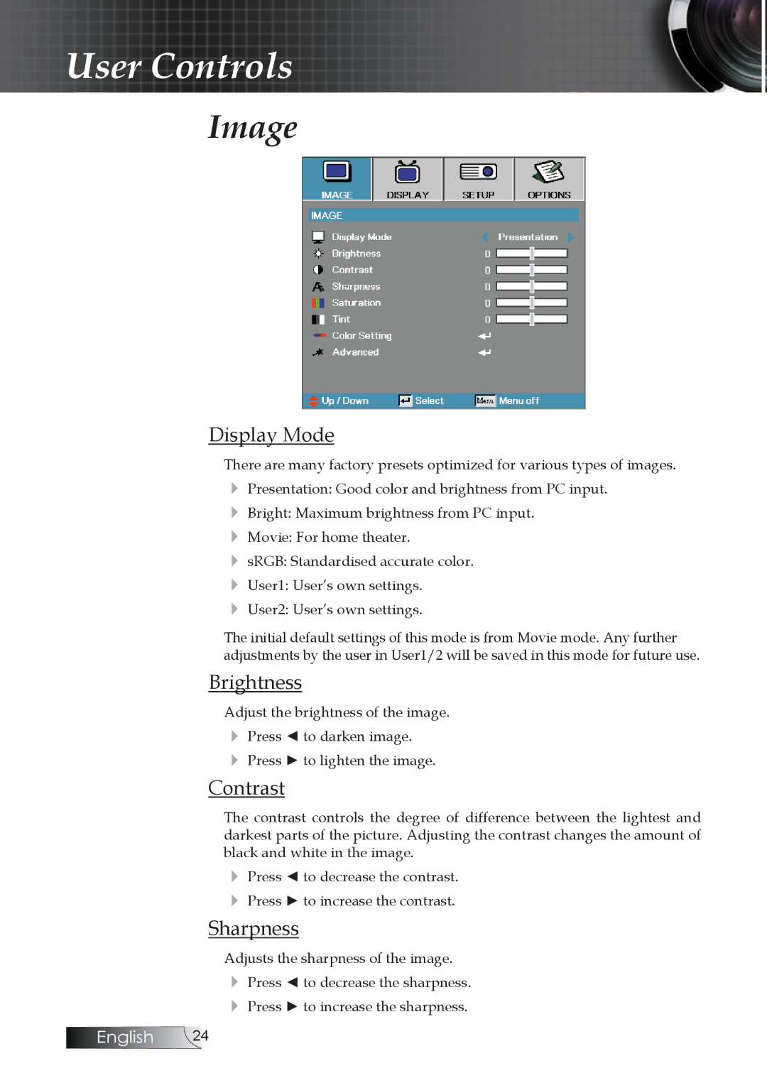 Optoma Technology TW1692 manual Image, Display Mode, Brightness, Contrast, Sharpness 