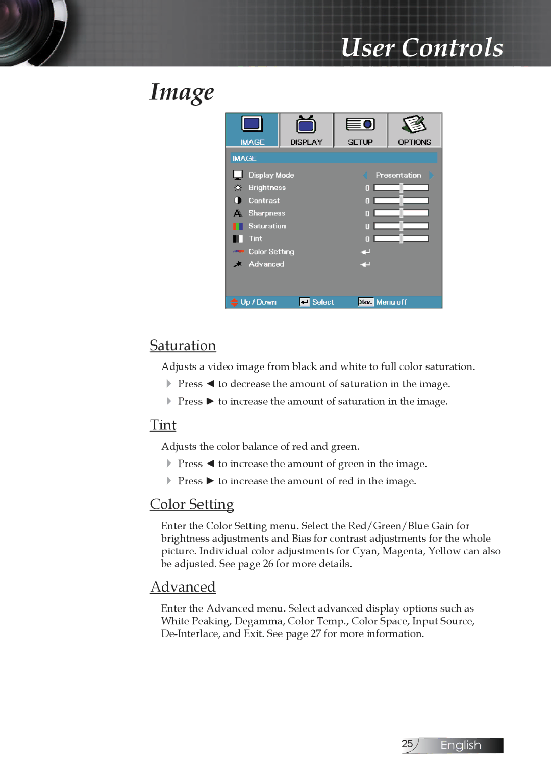 Optoma Technology TW1692 manual Saturation, Tint, Color Setting, Advanced 