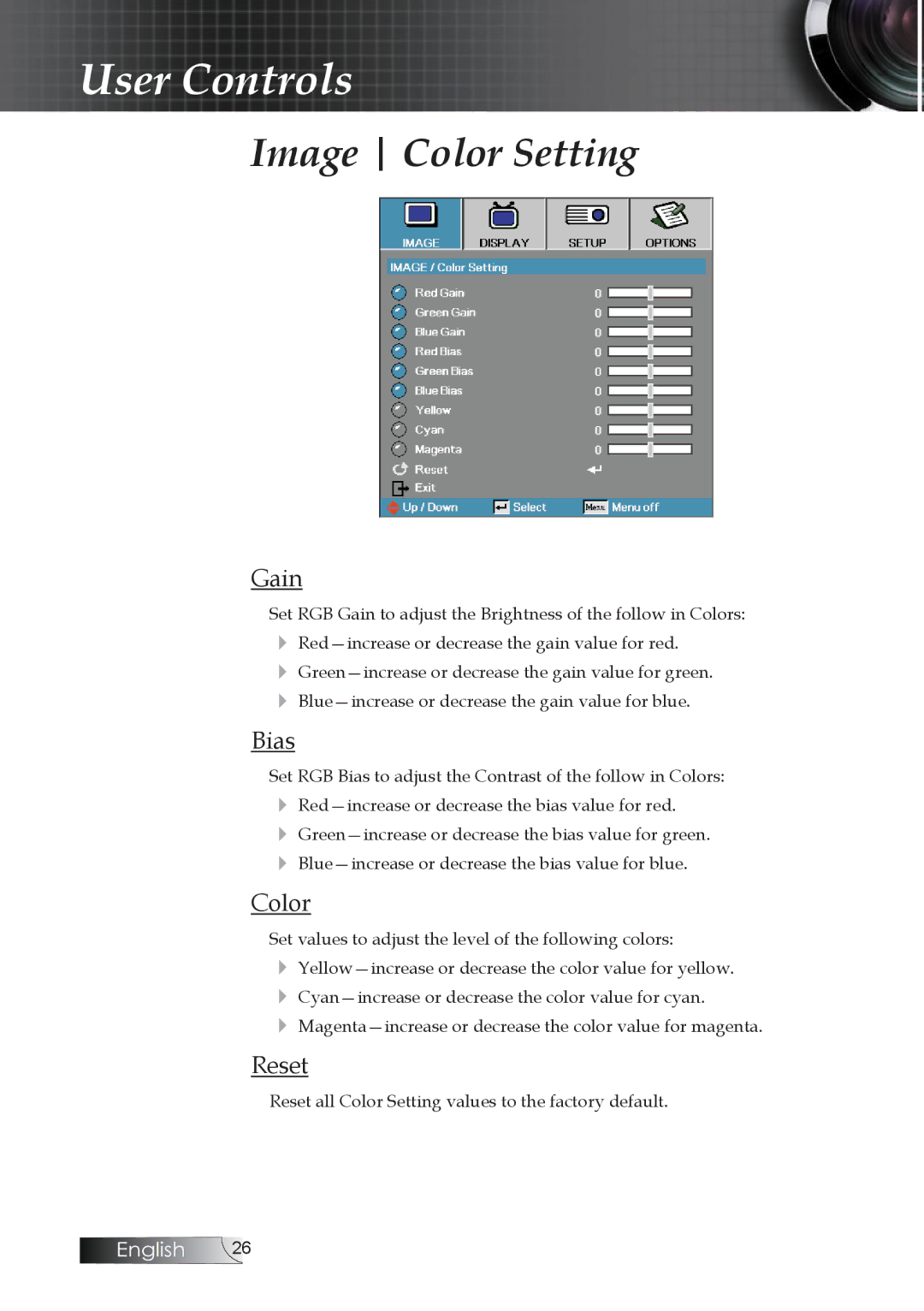 Optoma Technology TW1692 manual Image Color Setting, Gain, Bias, Reset 