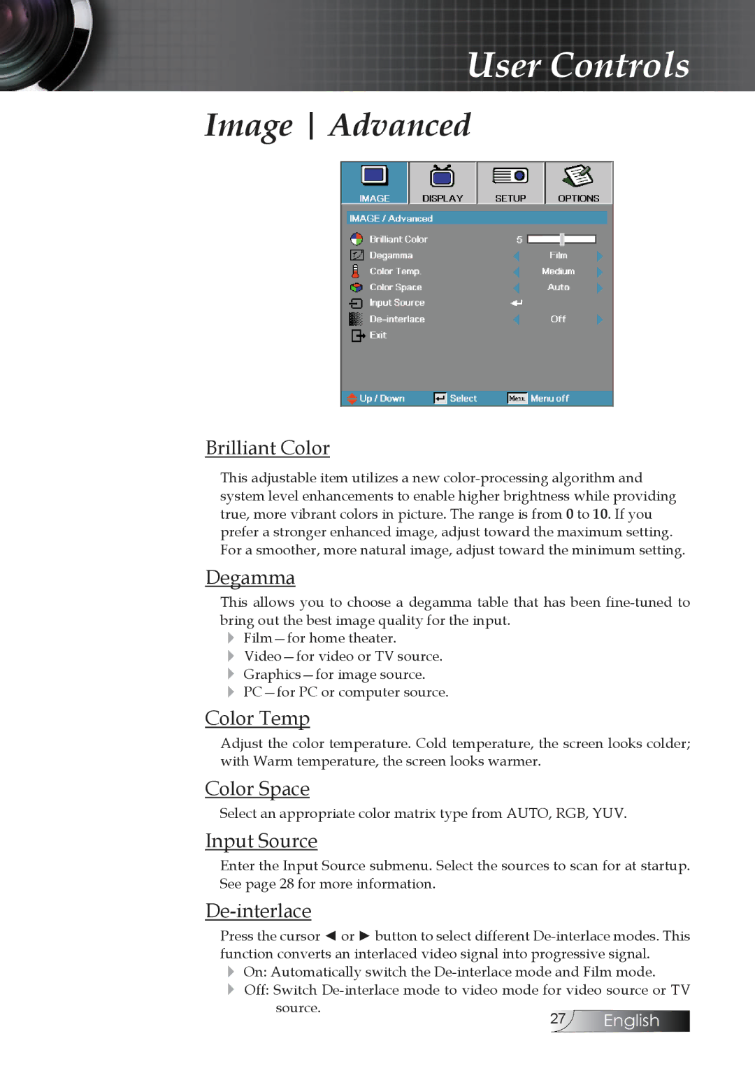 Optoma Technology TW1692 manual Image Advanced 