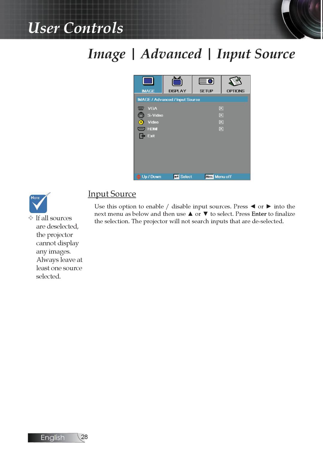 Optoma Technology TW1692 manual Image Advanced Input Source 