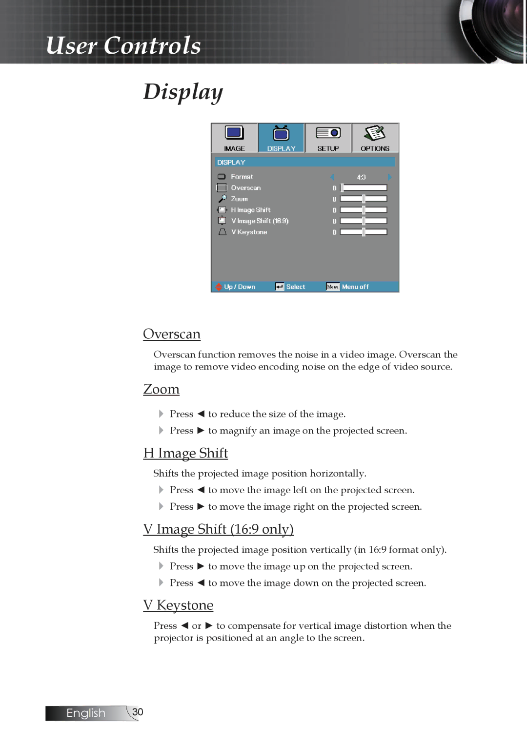 Optoma Technology TW1692 manual Overscan, Zoom, Image Shift 169 only, Keystone 