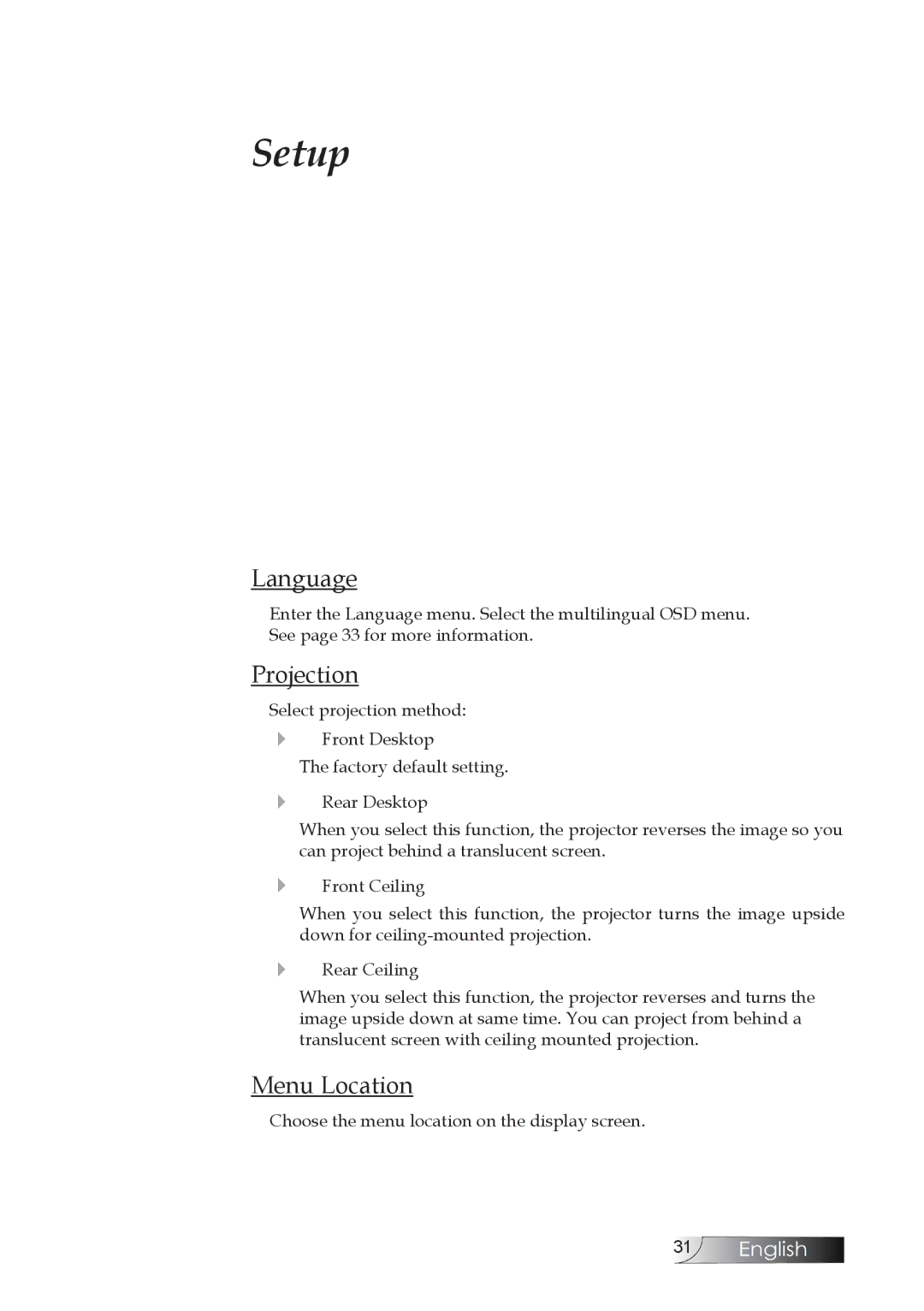 Optoma Technology TW1692 manual Setup, Language, Projection, Menu Location 