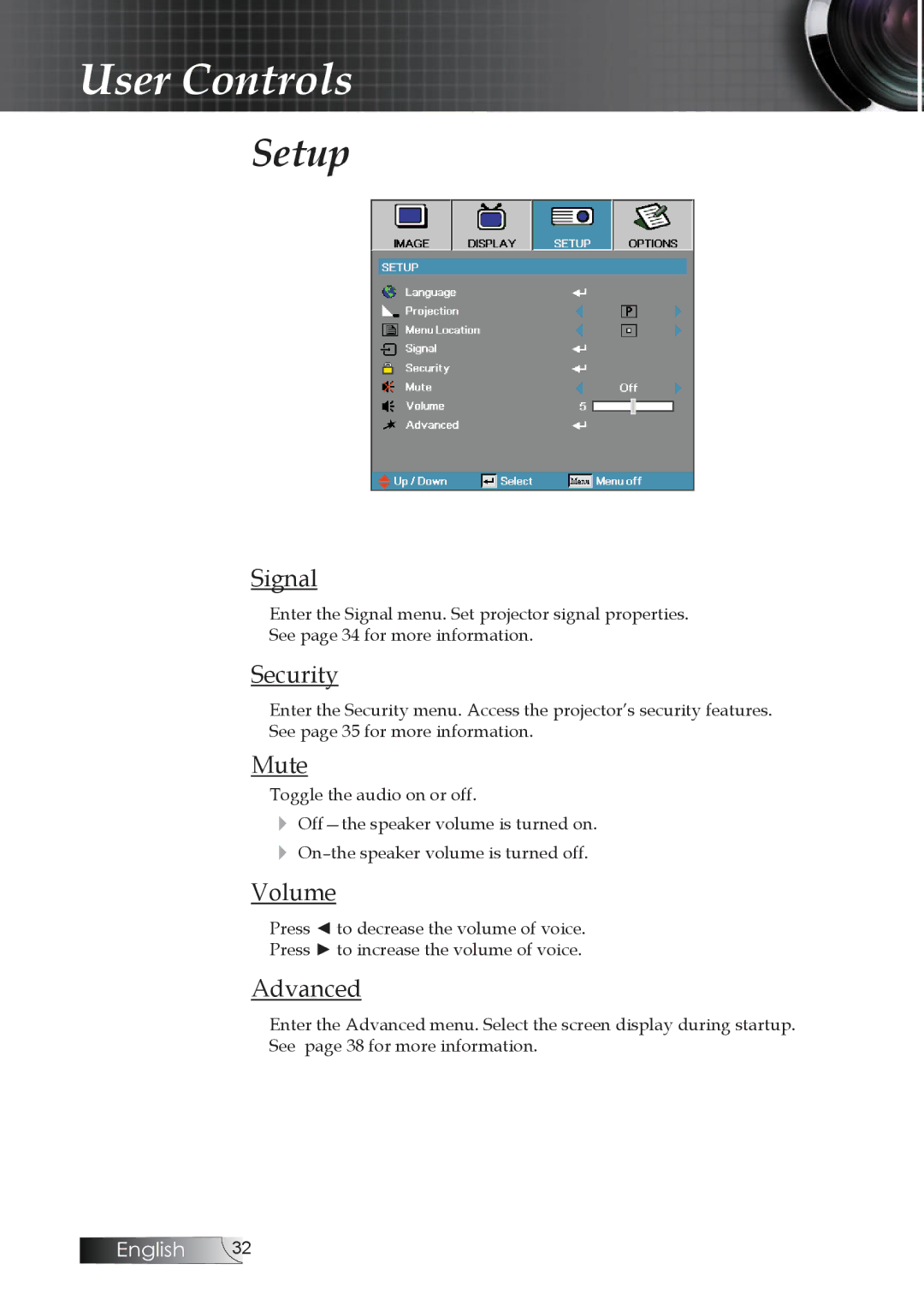 Optoma Technology TW1692 manual Signal, Security, Mute, Volume 