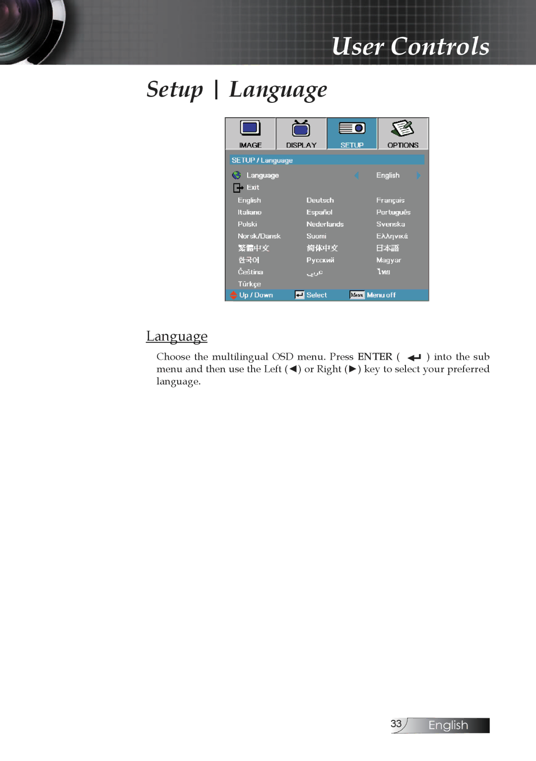 Optoma Technology TW1692 manual Setup Language 