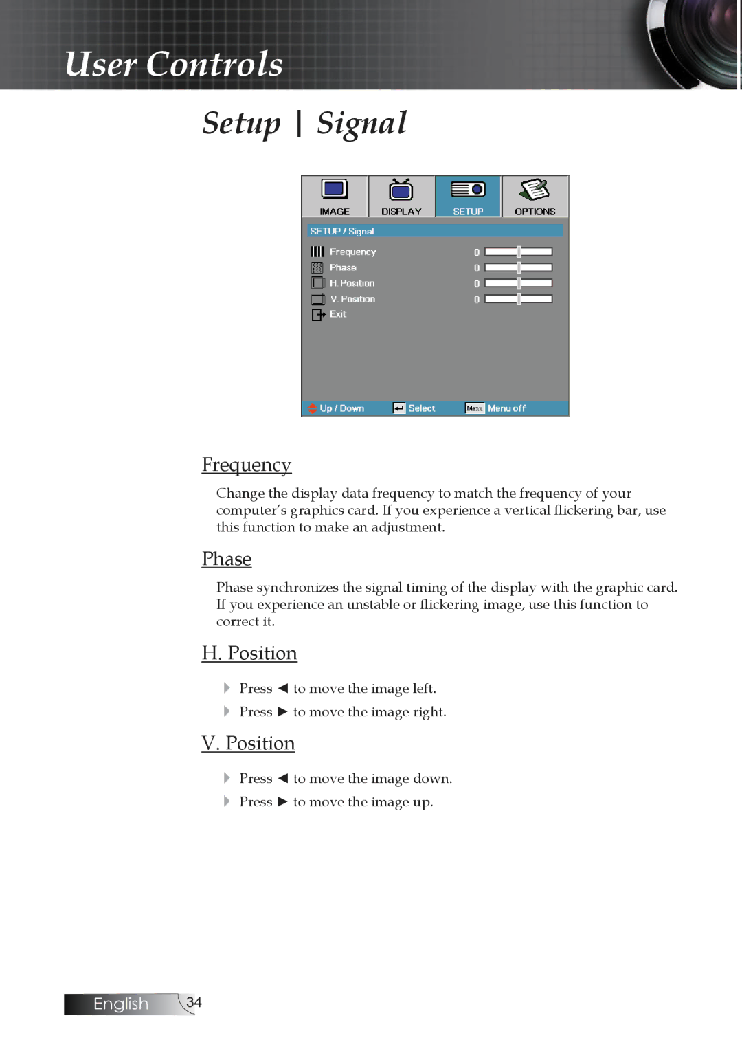 Optoma Technology TW1692 manual Setup Signal, Frequency, Phase, Position 