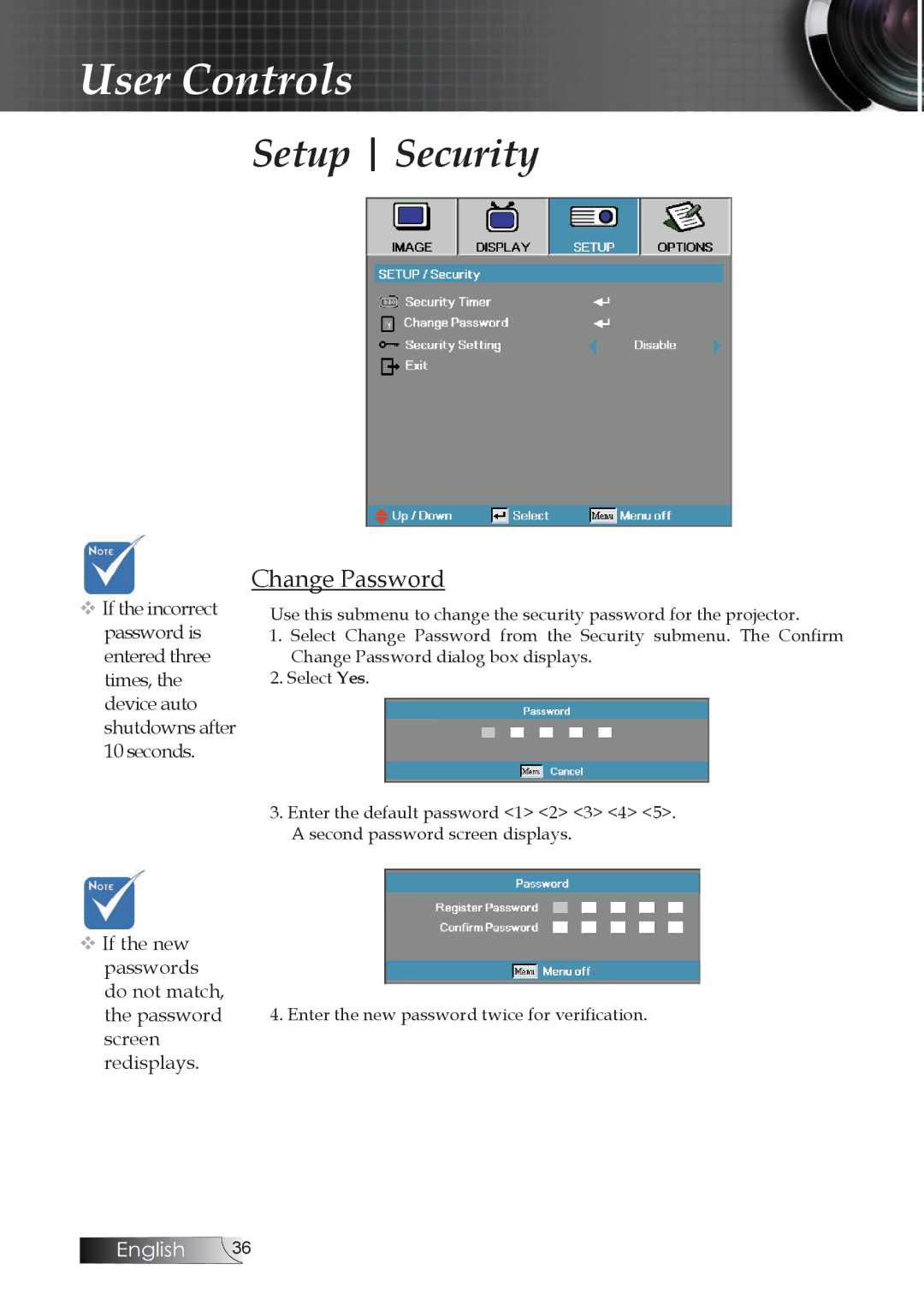 Optoma Technology TW1692 manual Change Password 