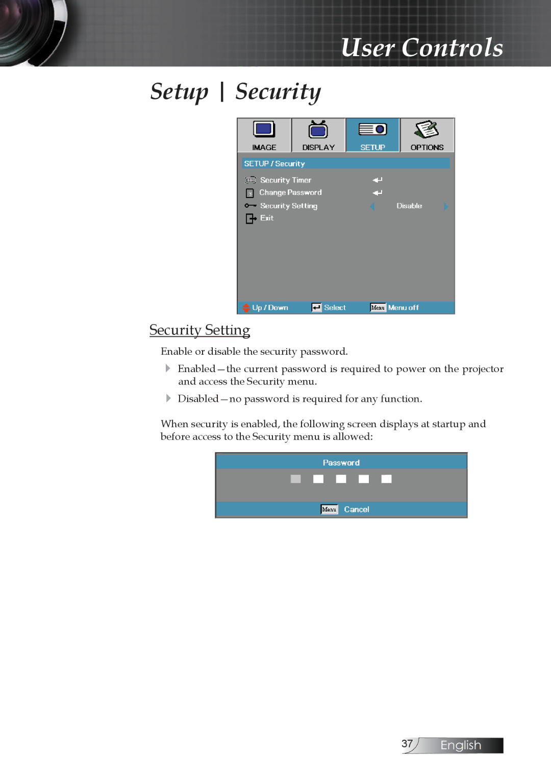 Optoma Technology TW1692 manual Security Setting 