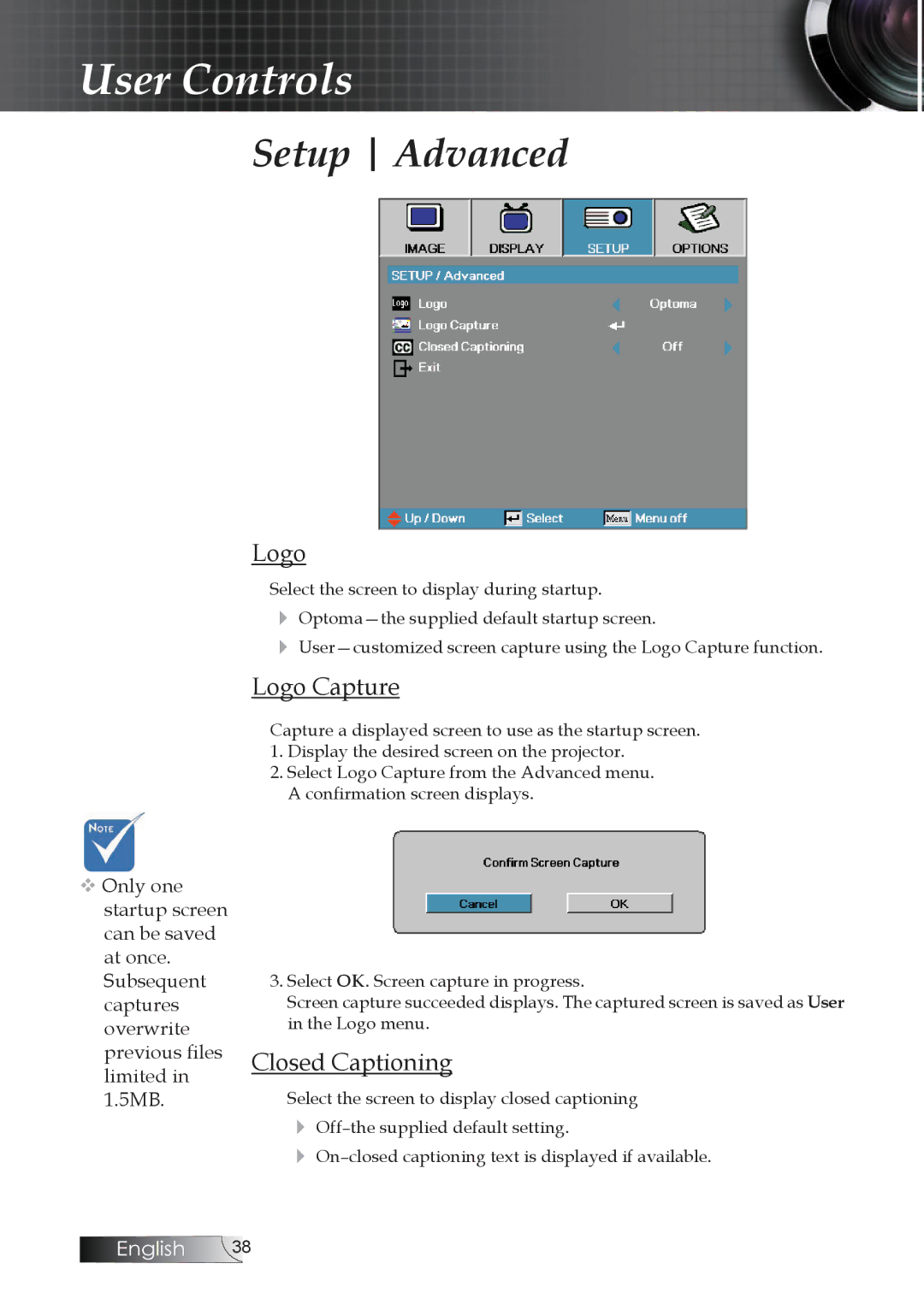 Optoma Technology TW1692 manual Setup Advanced, Logo Capture, Closed Captioning 