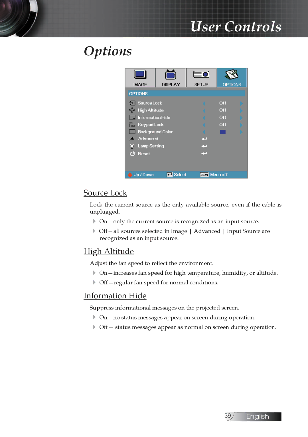 Optoma Technology TW1692 manual Options, Source Lock, High Altitude, Information Hide 