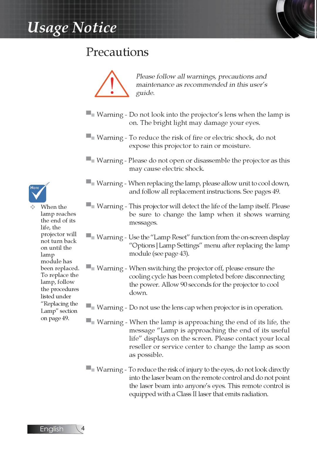 Optoma Technology TW1692 manual Precautions 